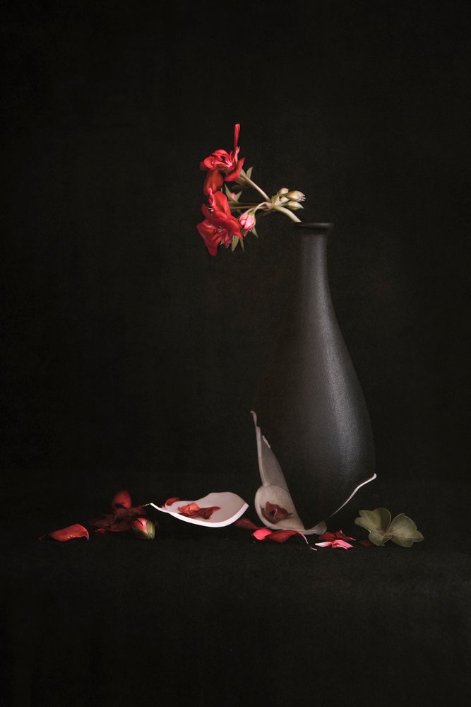 Knust vase med røde blomster av Martine Benezech