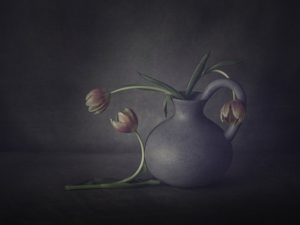 Stemningsfullt stilleben med tulipaner av May G