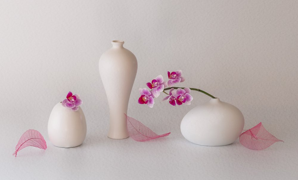 Stilleben med rosa orkideer av May G