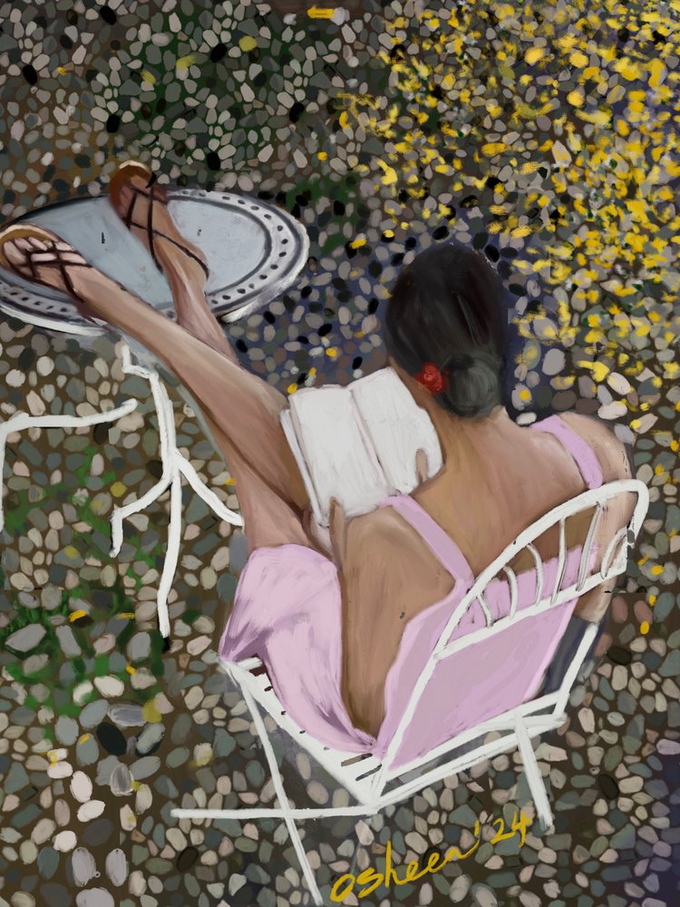 Fredelig lesing på terrassen av Osheensgallery