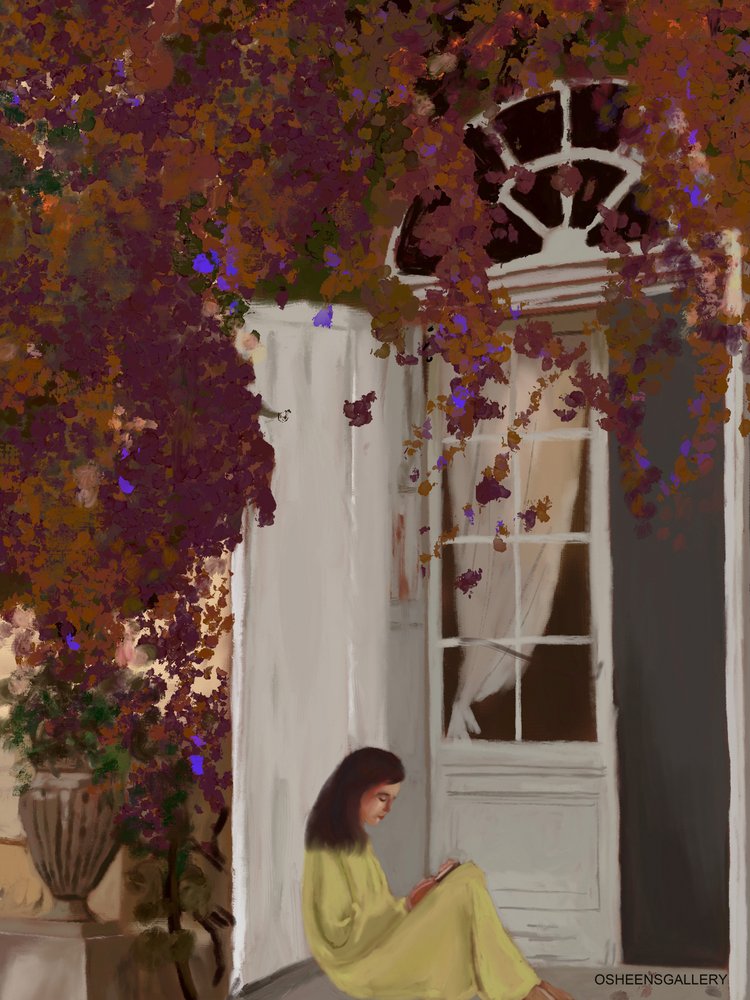 Stille leser under bougainvillea av Osheensgallery