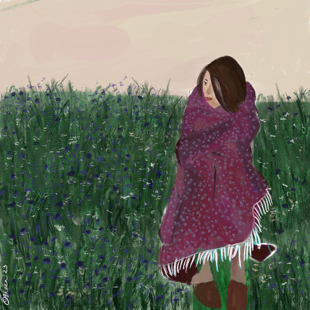 Kvinne i en eng med villblomster av Osheensgallery