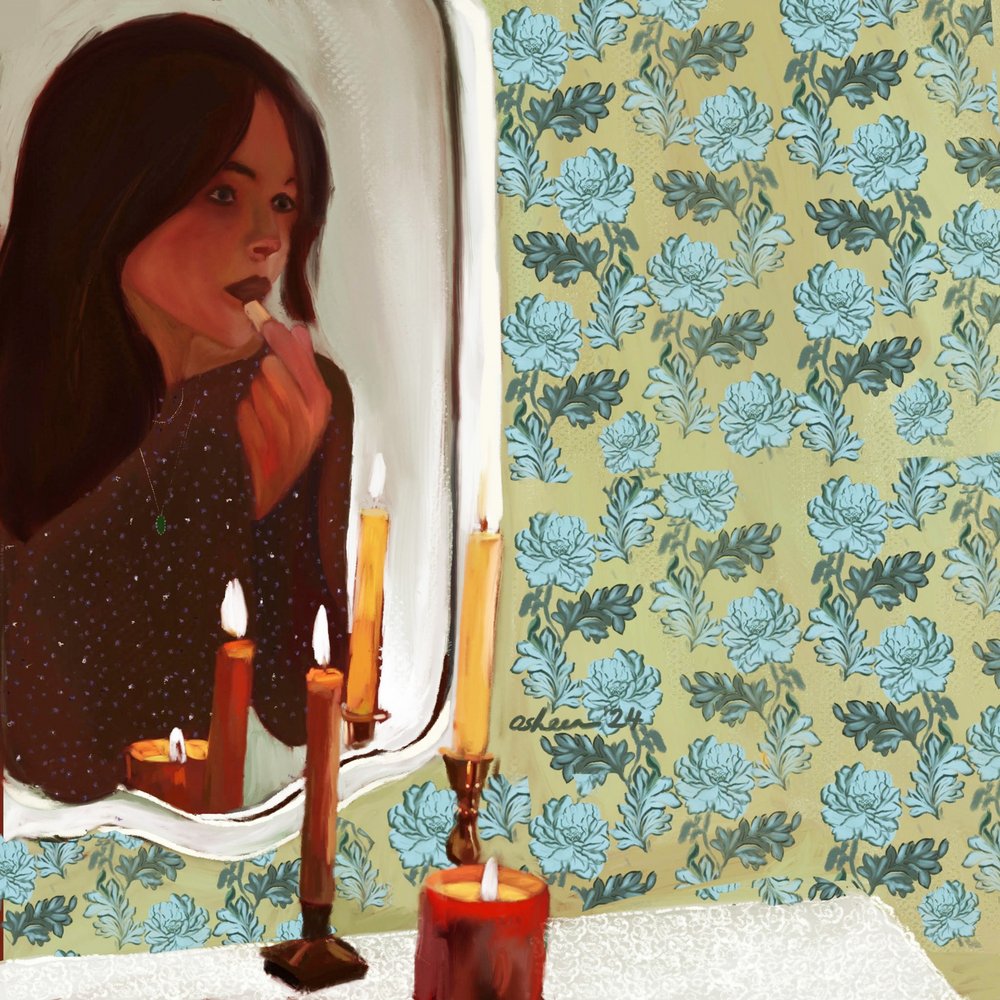En kvinnes refleksjon i stearinlys av Osheensgallery