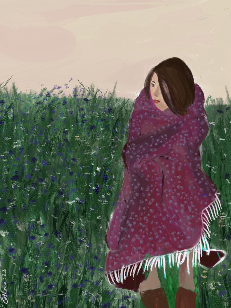 Innpakket kvinne i en eng med villblomster av Osheensgallery