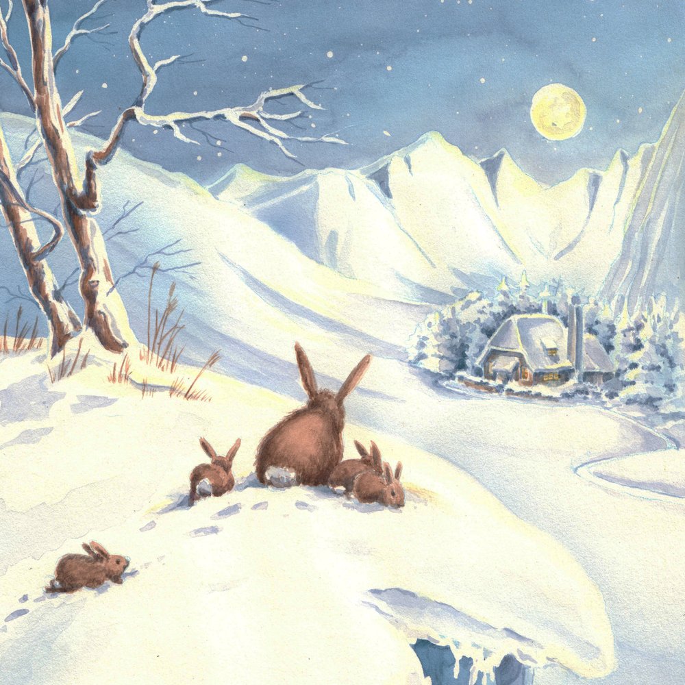 Kaninfamilie på en snøfull natt av Renate Holzner