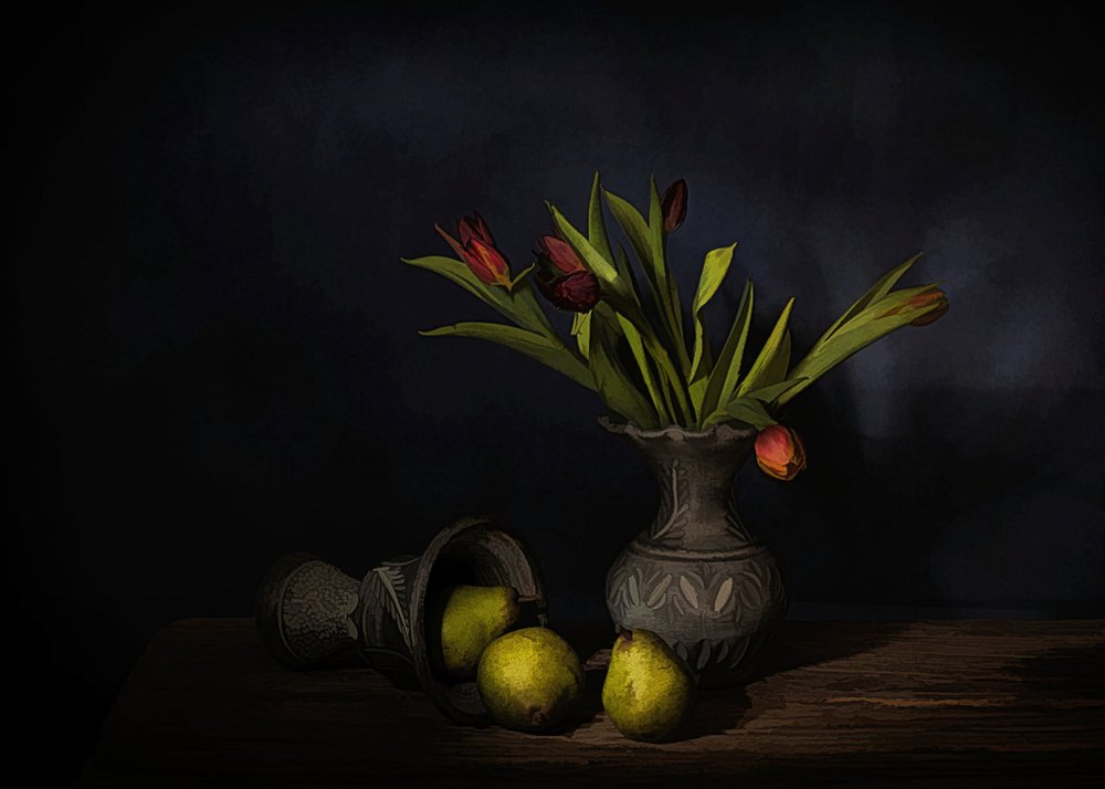 Stilleben med pærer og tulipaner av Saskia Dingemans