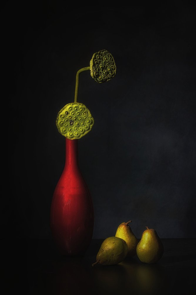 Rød vase, lotus og pærer av Saskia Dingemans