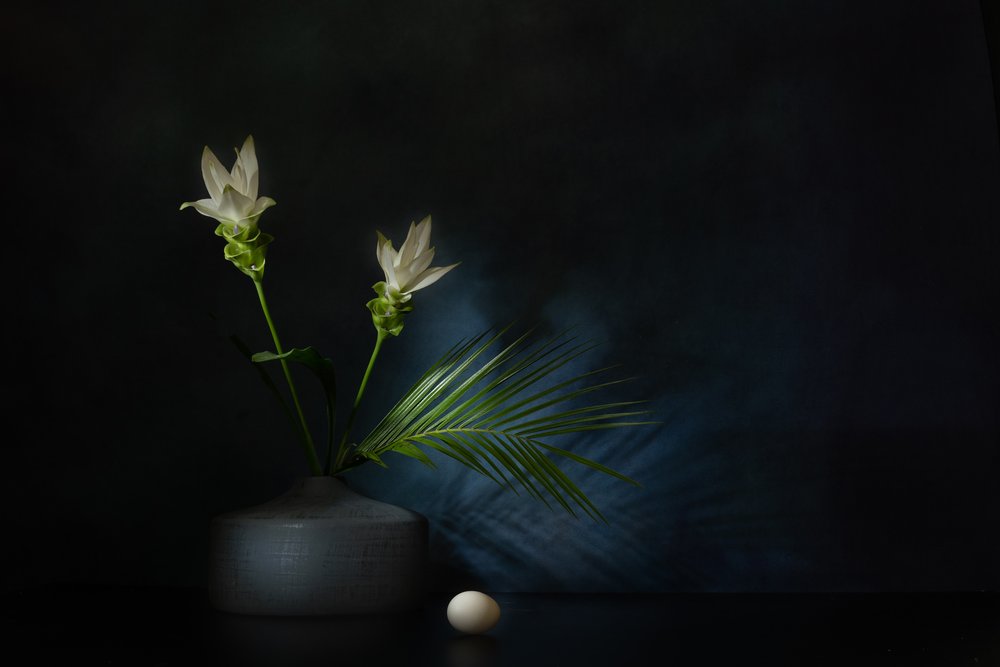 Hvite blomster, mørkt stilleben av Saskia Dingemans