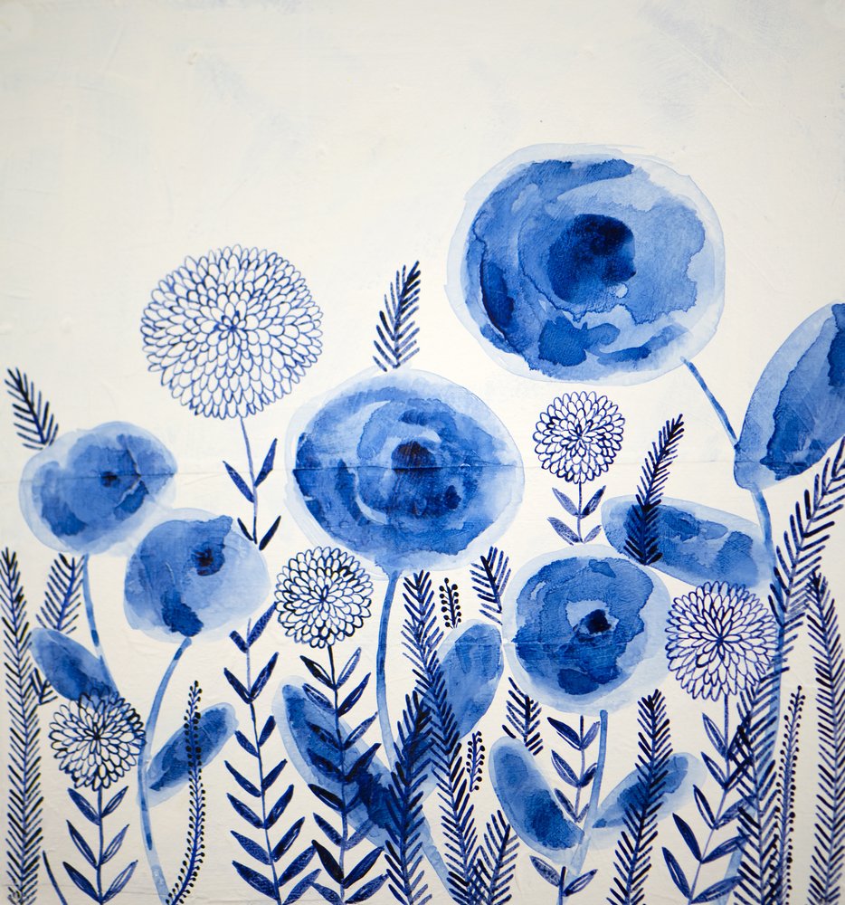 Indigofargede akvarellblomster av Shelley Hampe