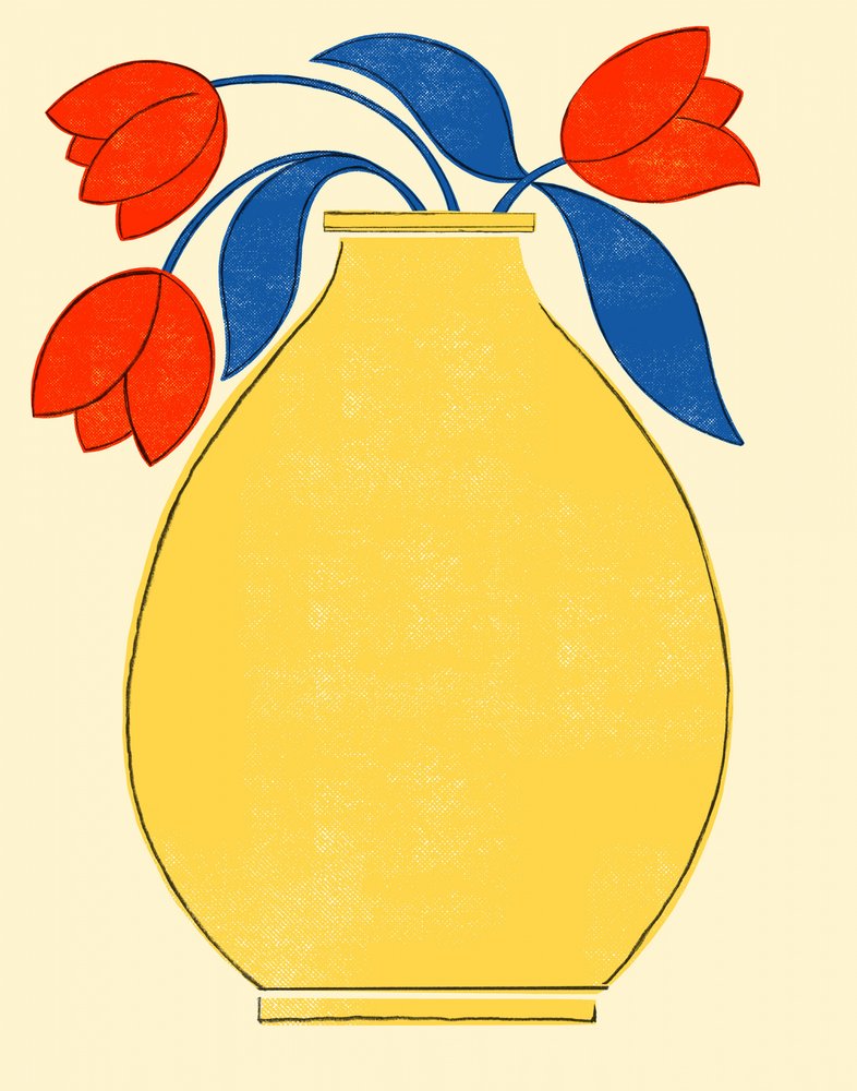 Fargerike tulipaner i gul vase av Susan Black
