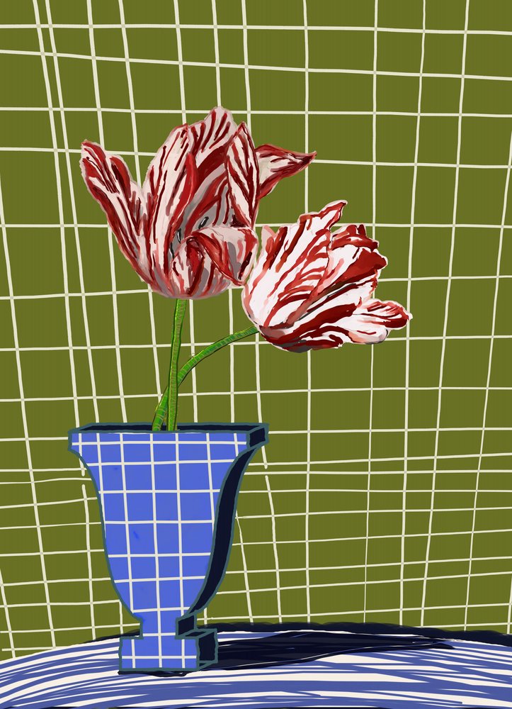 Stripete tulipaner i blå vase av XHOZUCAN