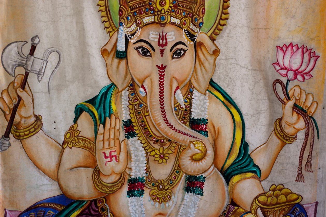 Et maleri av elefanthodet guddom Ganesh, på en skjerm, i landsbyen Kovil, i Tirukovil, Sri Lanka. 29. mai 2010. av Unknown
