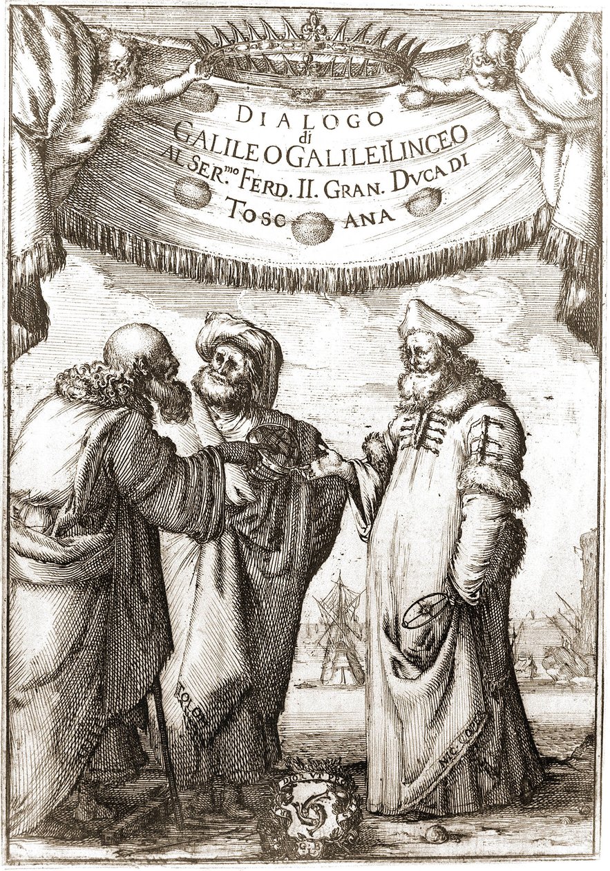 Aristoteles, Ptolemaios og Nicolas Copernicus (Nicolaus Copernicus, 1473-1543) (astronomer) i samtale - i "Dialog om de to største systemene i verden" "de Galileo, Galilei linceo, al Ser. Mo F av Unknown