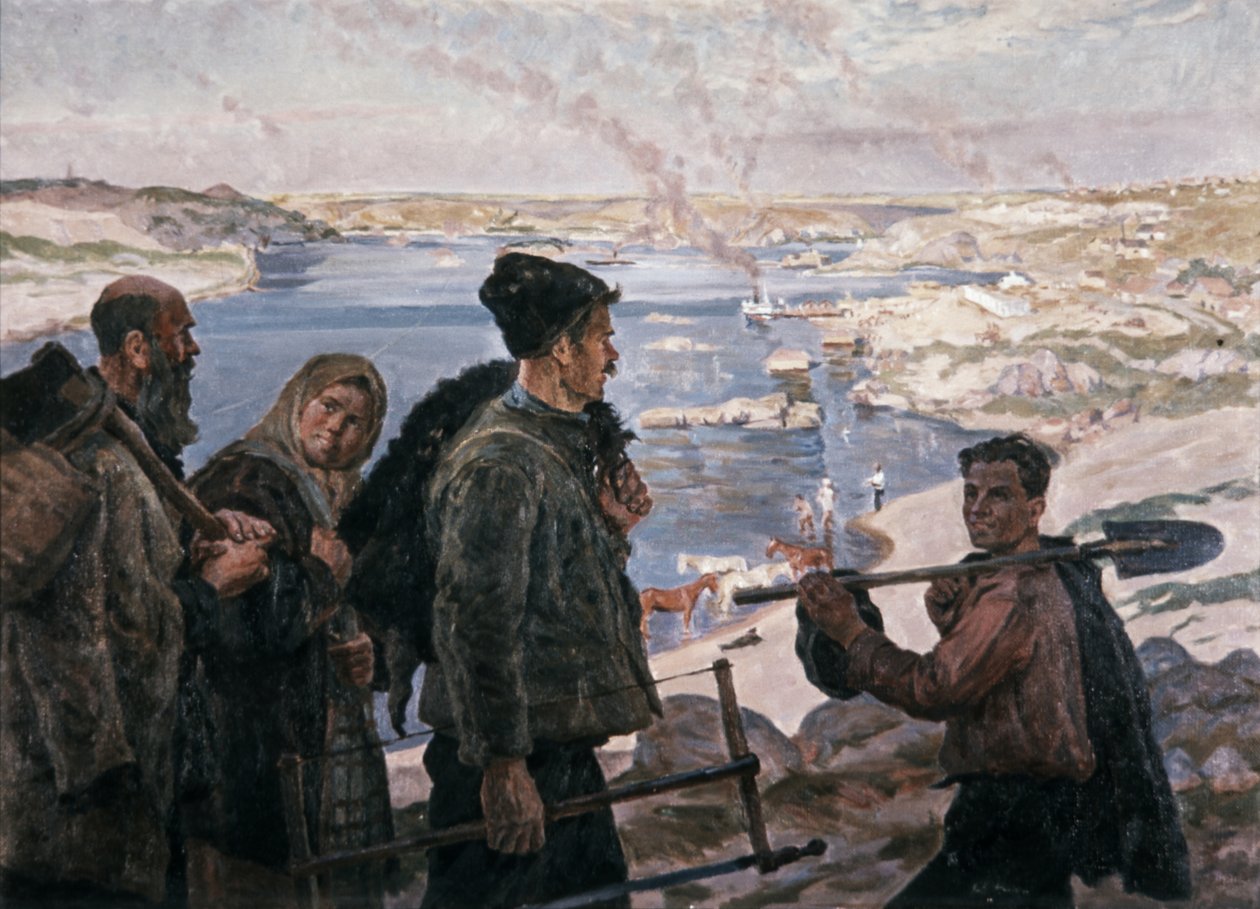 Builders of the Dnepr Hydro 1937 Maleri av K, Trokhimenko, sosialistisk realisme. av Unknown