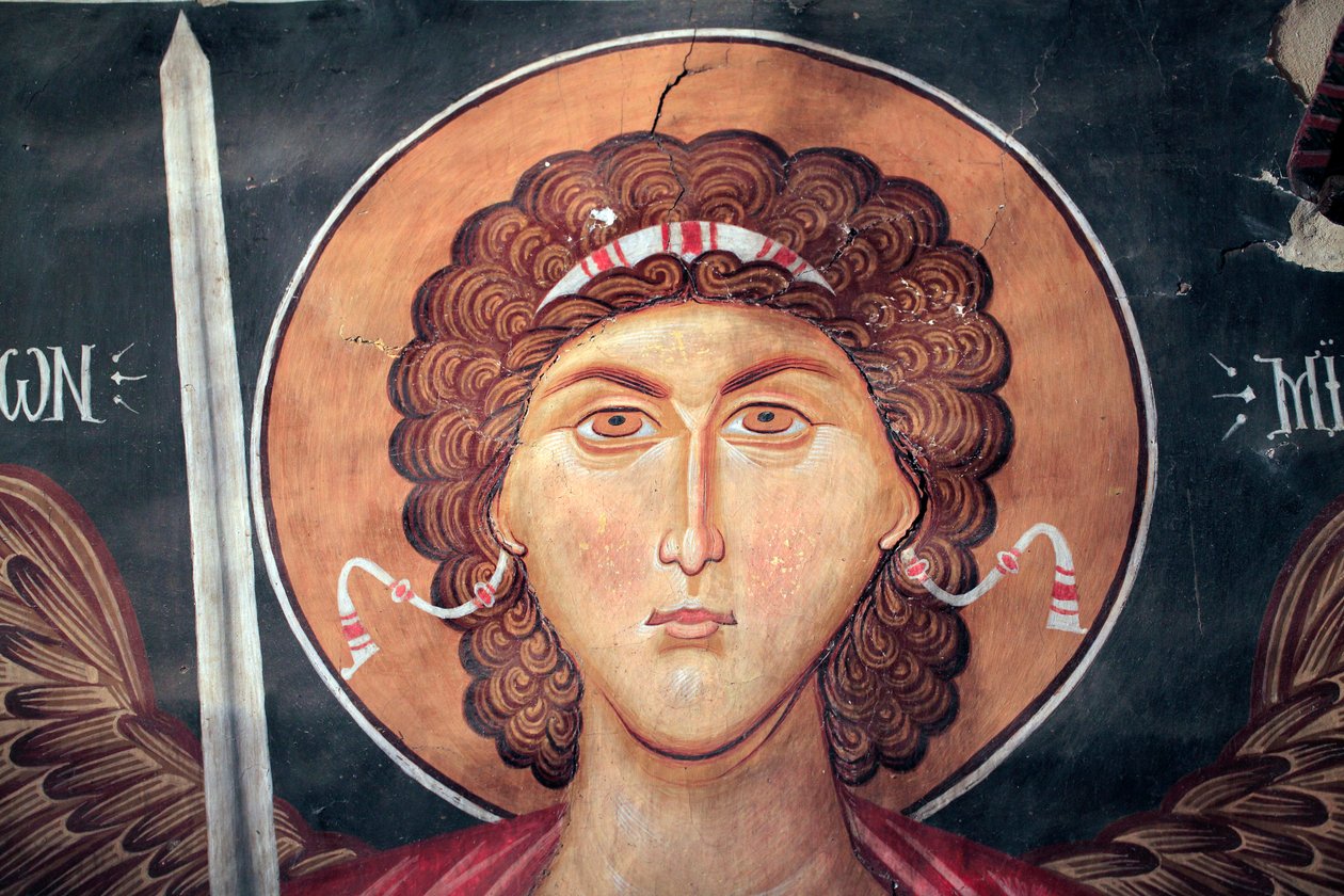 Bysantinsk freskomaleri fra 1400-tallet (detalj) Michael erkeengel Veggmaleri Michael erkeengel kirke i Pedoulas Kypros Malte kirker UNESCO nettsted Troodos, Kypros av Unknown