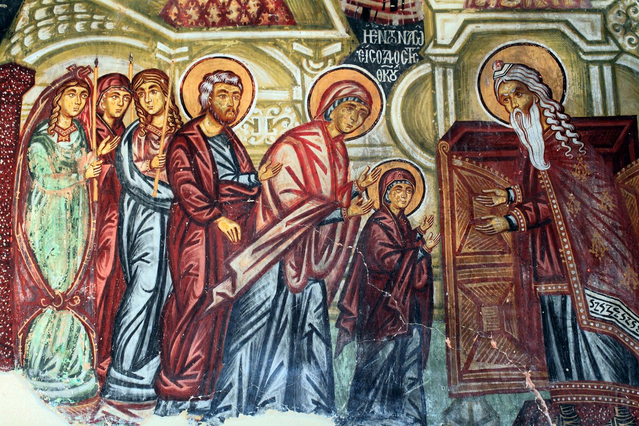Bysantinsk freskomaleri fra 1400-tallet (detalj) Pesentasjon av Marie ved tempelet Veggmaleri Michael Archangel Church i Pedoulas Kypros Malte kirker UNESCO-sted Troodos, Kypros av Unknown