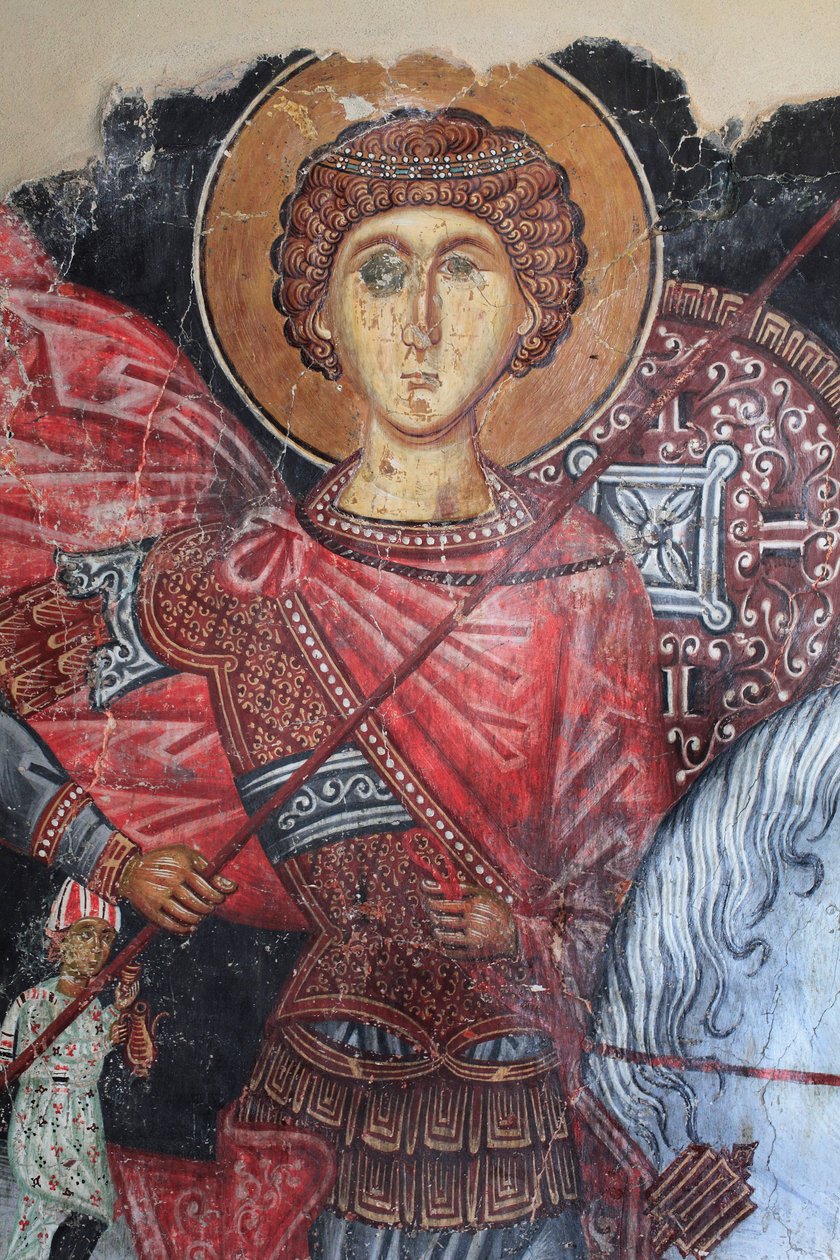 Bysantinsk freskomaleri fra 1400-tallet (detalj) Saint George Wall-maleri Michael Archangel Church i Pedoulas Kypros Malte kirker UNESCO-sted Troodos, Kypros av Unknown