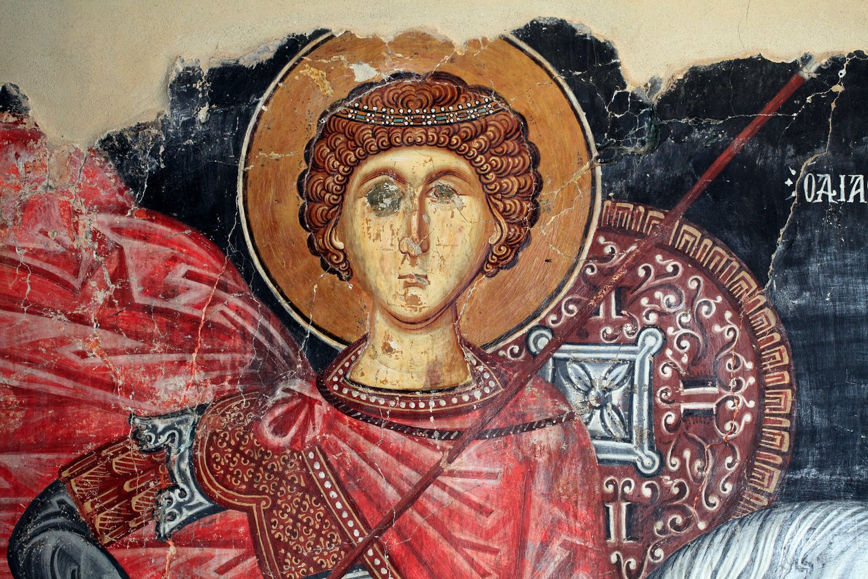 Bysantinsk freskomaleri fra 1400-tallet (detalj) Saint George Wall-maleri Michael Archangel Church i Pedoulas Kypros Malte kirker UNESCO-sted Troodos, Kypros av Unknown