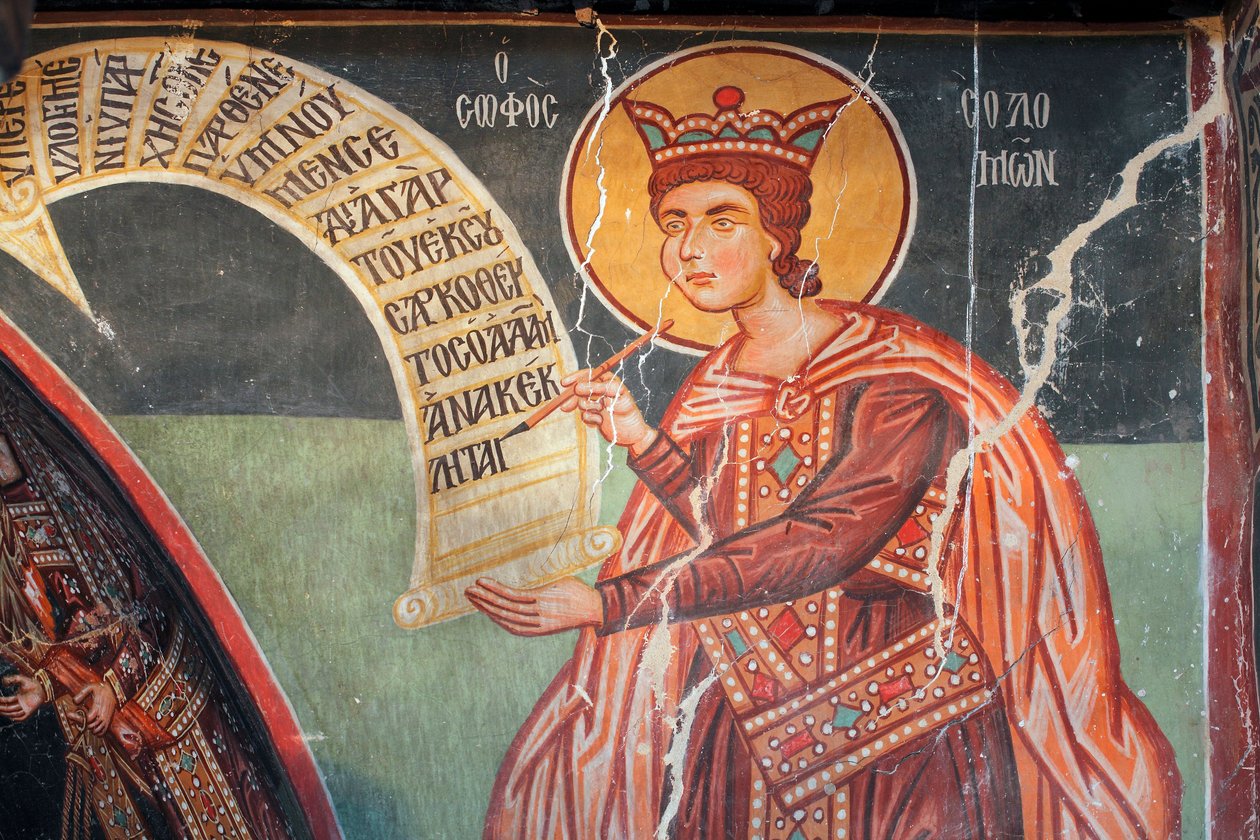 Bysantinsk freskomaleri fra 1400-tallet (detalj) Solomon Veggmaleri Michael Archangel Church i Pedoulas Kypros Malte kirker UNESCO-sted Troodos, Kypros av Unknown