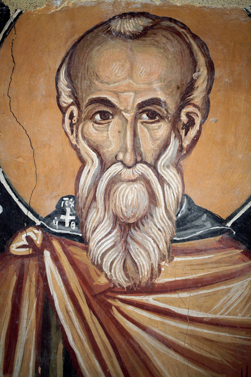 Bysantinsk freskomaleri fra 1400-tallet (detalj) St. Theodose den cenobriske Veggmaleri Michael Archangel Chapel, Galata village Kypros Malte kirker UNESCO-sted Troodos, Kypros av Unknown