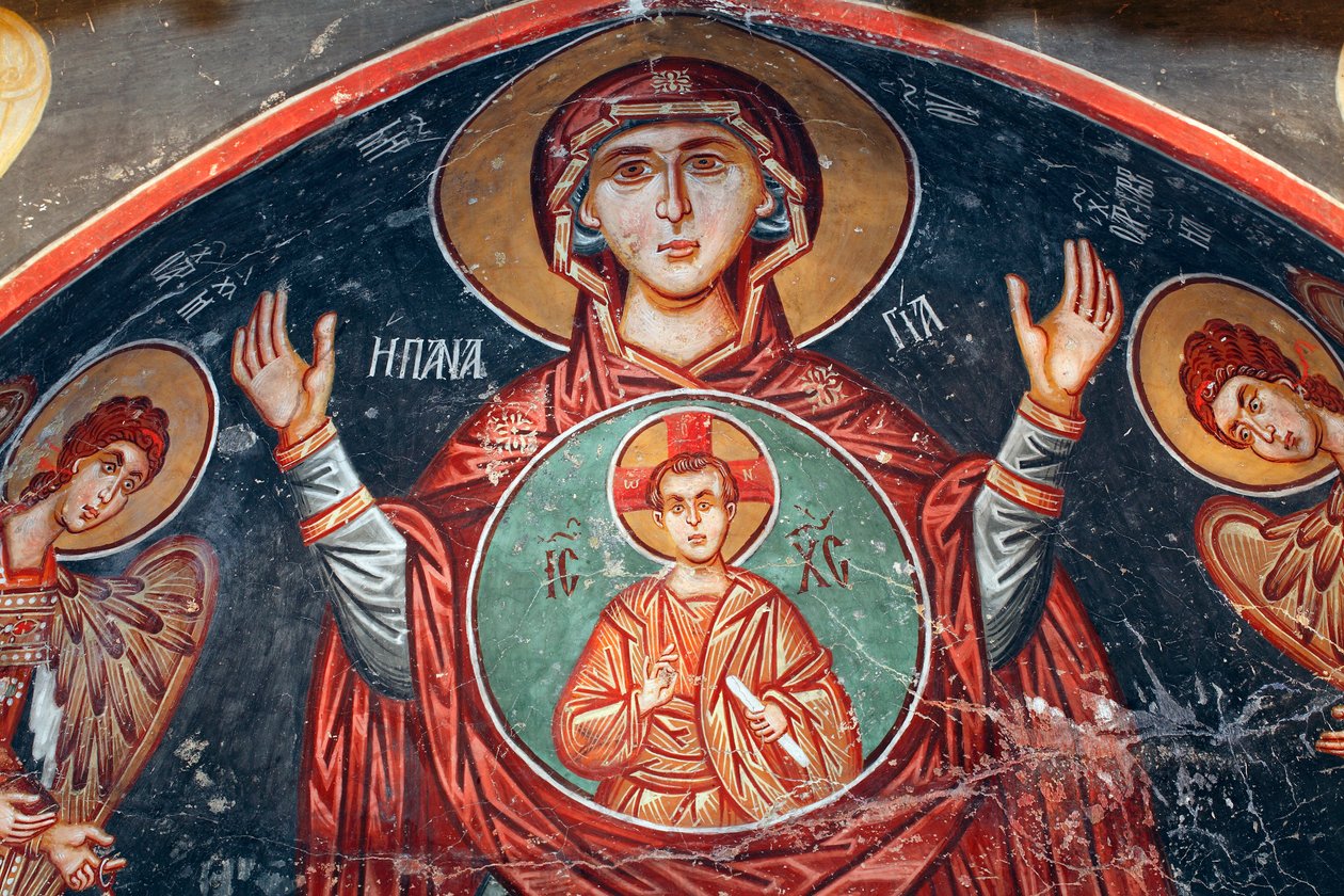 Bysantinsk freskomaleri fra 1400-tallet The Holy Mary Wall-maleri Michael Archangel Church i Pedoulas Kypros Malte kirker UNESCO-sted Troodos, Kypros av Unknown