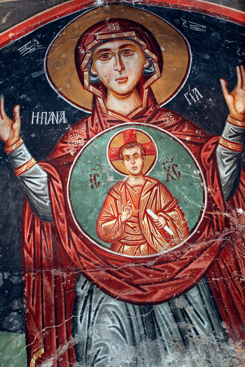 Bysantinsk freskomaleri fra 1400-tallet The Holy Mary Wall-maleri Michael Archangel Church i Pedoulas Kypros Malte kirker UNESCO-sted Troodos, Kypros av Unknown