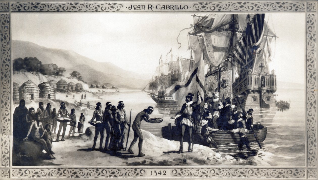 California: 1542 Et maleri som viser Juan Rodriguez Cabrillo som møter innfødte på California-kysten under ekspedisjonen hans. av Unknown