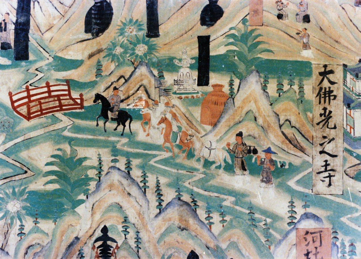 Detalj av Wutai Mountain (Wutaishan) kart, et veggmaleri utført under de fem dynastiene (907 - 960) i Dunhuang-grottene, som viser pilegrimer som reiser langs en vei av Unknown