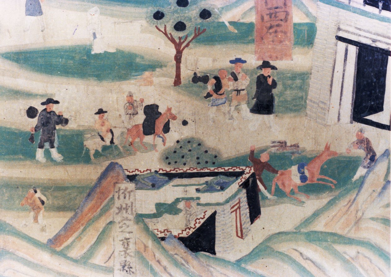 Detalj av Wutai-fjellet (Wutaishan)-kartet, et veggmaleri utført under de fem dynastiene (907 - 960) i Dunhuang-grottene, som viser pilegrimer som kommer opp til et vertshus for natten av Unknown