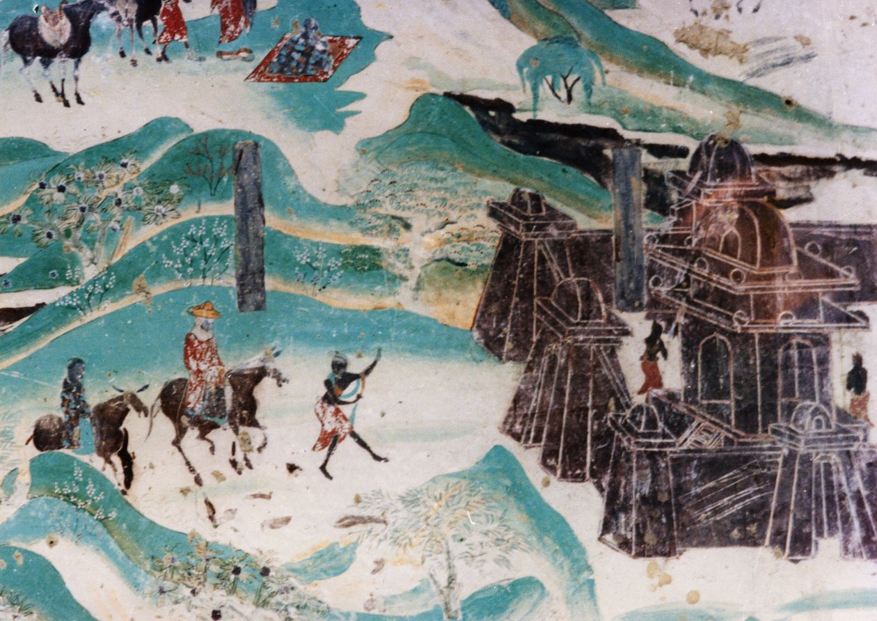 Detalj av Wutai Mountain (Wutaishan) kart, et veggmaleri utført under de fem dynastiene (907 - 960) i Dunhuang-grottene, som viser typisk arkitektonisk stil i de vestlige regionene av Unknown
