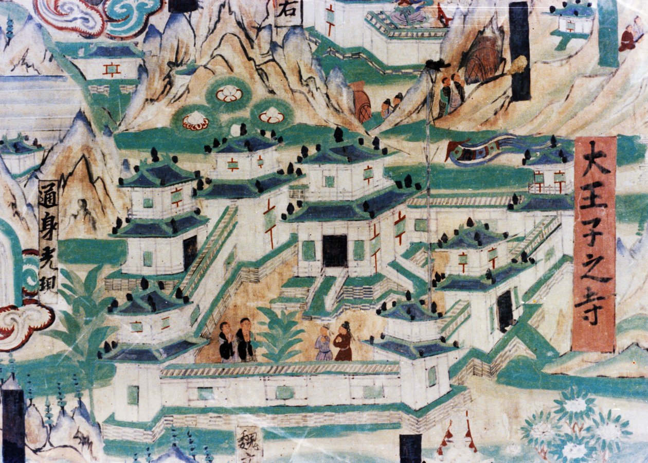 Detalj av Wutai Mountain (Wutaishan) kart, et veggmaleri utført under de fem dynastiene (907 - 960) i Dunhuang-grottene, som viser et kloster av Unknown
