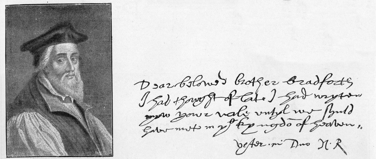 Biskop Ridleys håndskrift og signatur fra et brev skrevet for å trøste John Bradford kort tid før hans død, 1555 av Unknown