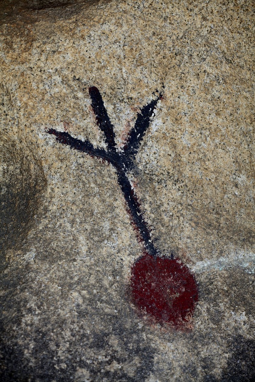 Indiske helleristninger i Nord-Amerika. Maleri lagt til på 50-tallet for skyting av en western. Park National Joshua Tree, California, USA. Nordamerikansk indisk kultur av Unknown