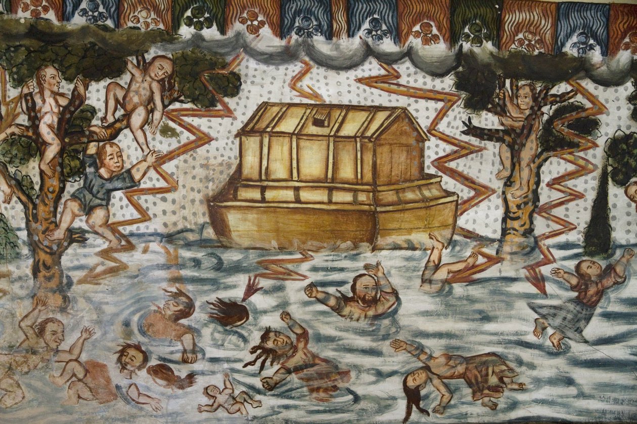 Noahs ark og syndfloden illustrert av fresker fra barokk-Mestizo som dateres til 1600-tallet i dåpskapellet i Santiago De Curahuara De Carangas-kirken, Det sixtinske kapell i Andesfjellene, Curahuara De av Unknown