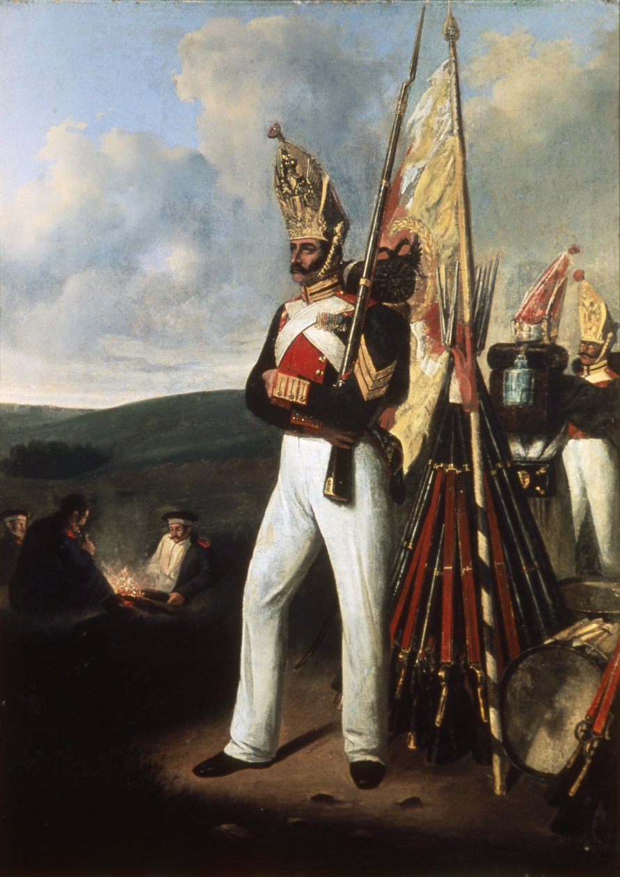 Maleri av en infanterisoldat fra det russiske Pavlovsky-regimentet på tidspunktet for slaget ved Borodino under krigen i 1812 med Napoleon. av Unknown