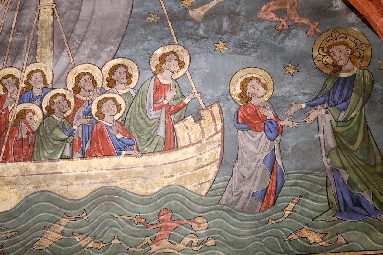 Saint-Pierre-le-Jeune protestantiske kirke, Tiberiassjøen, Kristus som går på vannet og Saint Peter, Fresco, Strasbourg, Frankrike. av Unknown