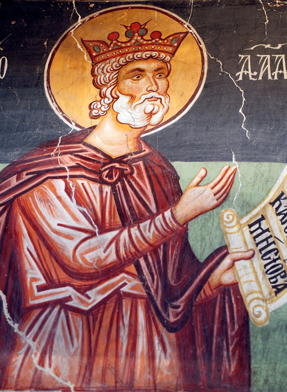 Den bysantinske fresken fra 1400-tallet (detalj) Første konge og profet David Wall-maleri Michael Archangel Church i Pedoulas Kypros Malte kirker UNESCO-sted Troodos, Kypros av Unknown