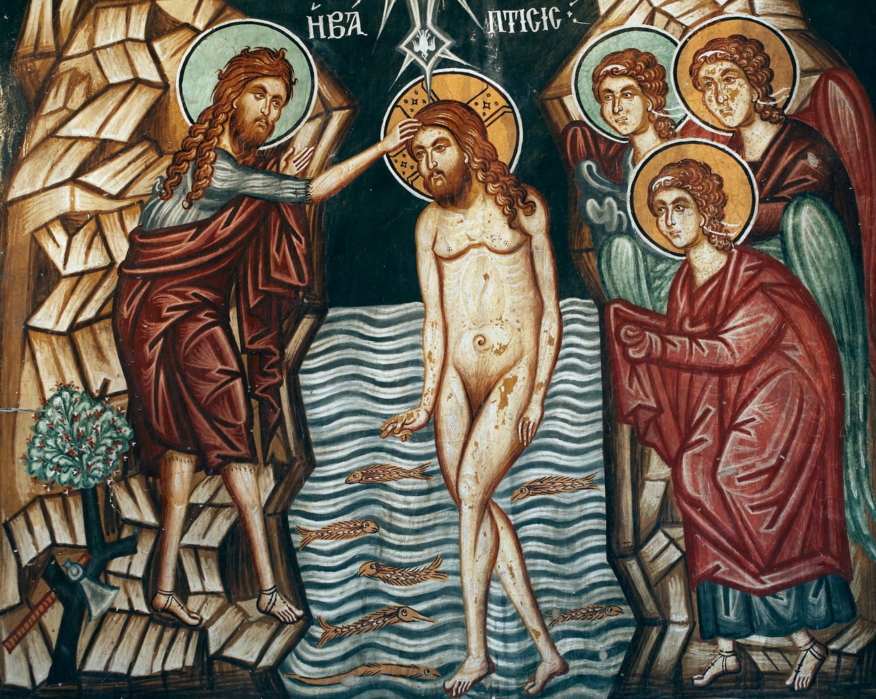 Den bysantinske fresken fra 1400-tallet Kristus dåpen Veggmaleri Michael Archangel Church i Pedoulas Kypros Malte kirker UNESCO-sted Troodos, Kypros av Unknown