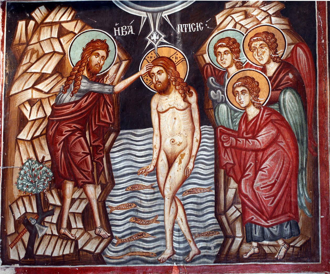 Den bysantinske fresken fra 1400-tallet Kristus dåpen Veggmaleri Michael Archangel Church i Pedoulas Kypros Malte kirker UNESCO-sted Troodos, Kypros av Unknown