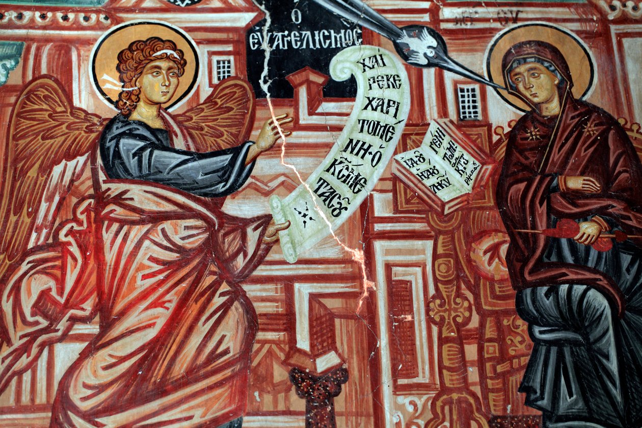 Den bysantinske fresken fra 1400-tallet Bebudelsen til den hellige jomfru Maria Veggmaleri Michael Erkeengelkirken i Pedoulas Kypros Malte kirker UNESCO-sted Troodos, Kypros av Unknown