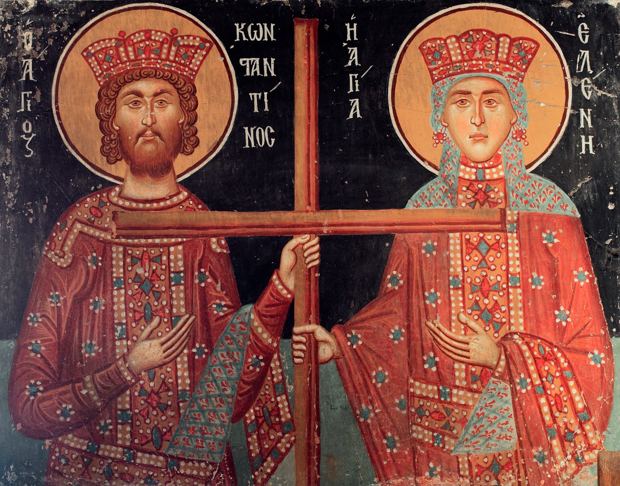 Den bysantinske fresken fra 1400-tallet Keiser Konstantin og hans mor Helene Veggmaleri Michael Erkeengelkirken i Pedoulas Kypros Malte kirker UNESCO-sted Troodos, Kypros av Unknown