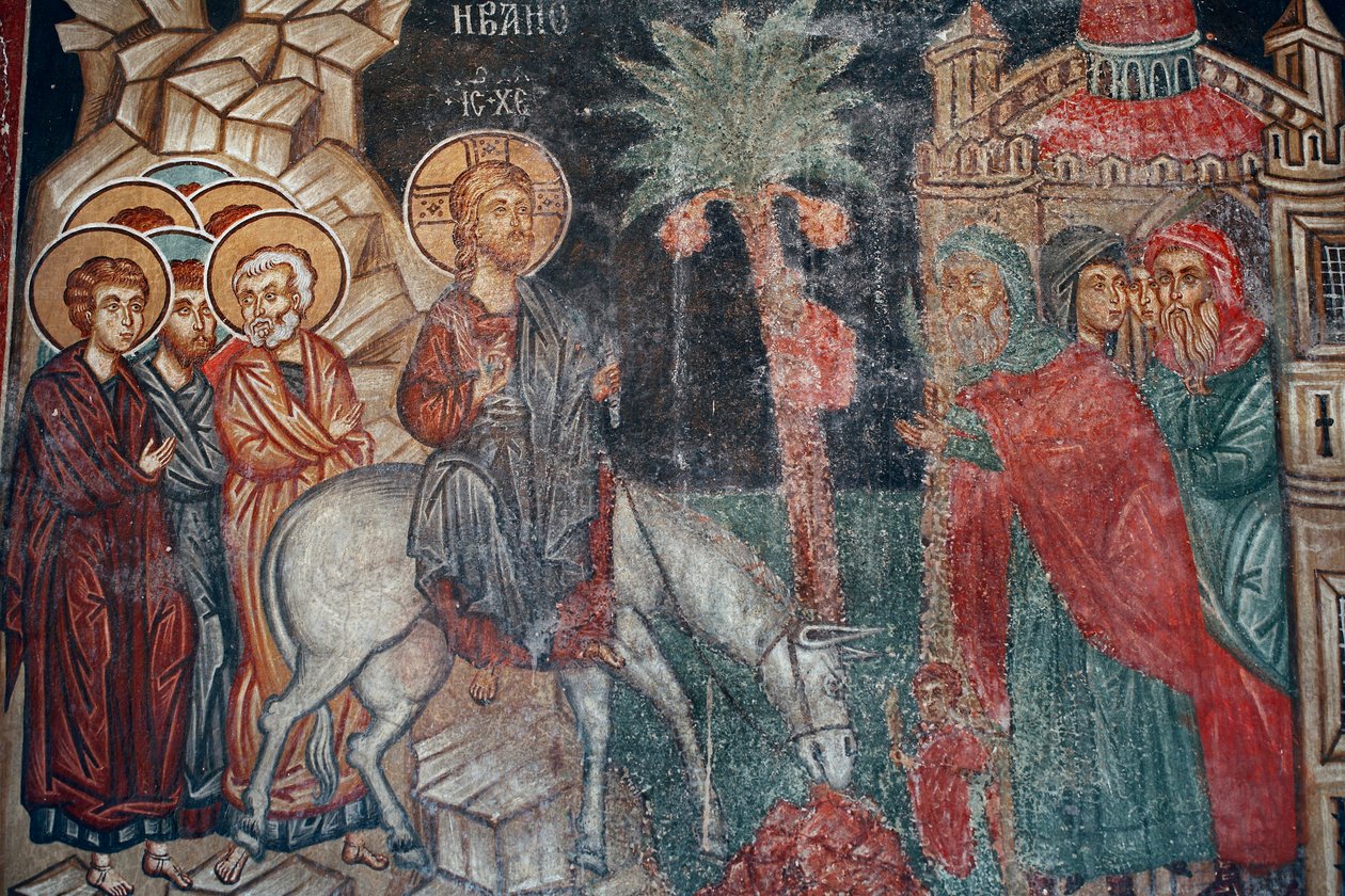 Den bysantinske fresken fra 1400-tallet Inngangen til Jerusalem-murmaleriet Michael Archangel Church i Pedoulas Kypros Malte kirker UNESCO-sted Troodos, Kypros av Unknown