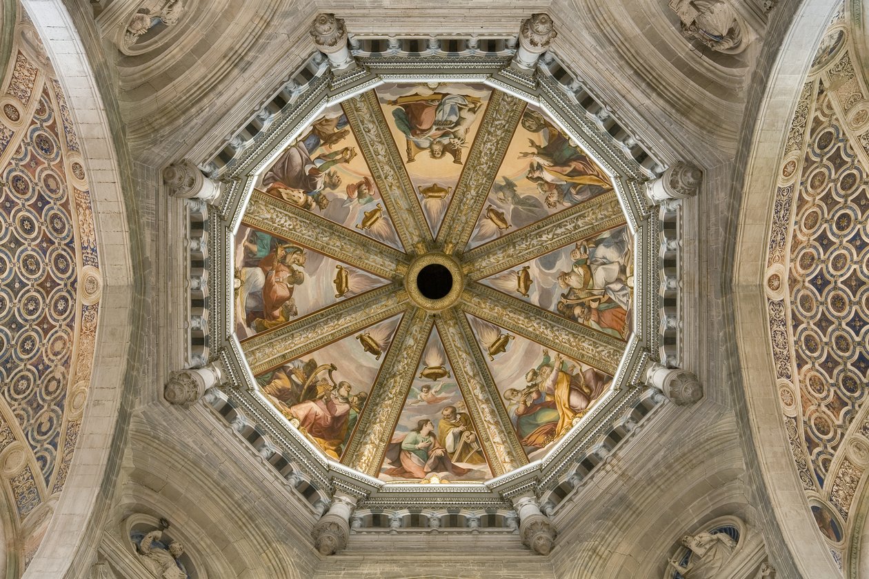 Utsikt over hvelvet i midtskipet med freskomaleri, Certosa di Pavia, Lombardia, Italia av Unknown