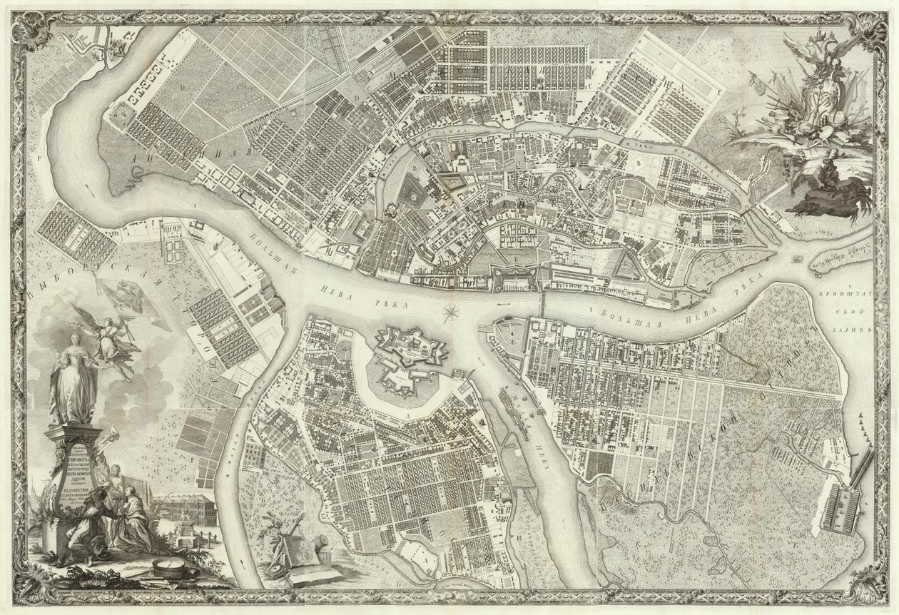 Gravering. Plan over hovedstaden St. Petersburg som viser de mest fremtredende veiene. 1753 Makhaev M.I. av Махаев Михаил Иванович