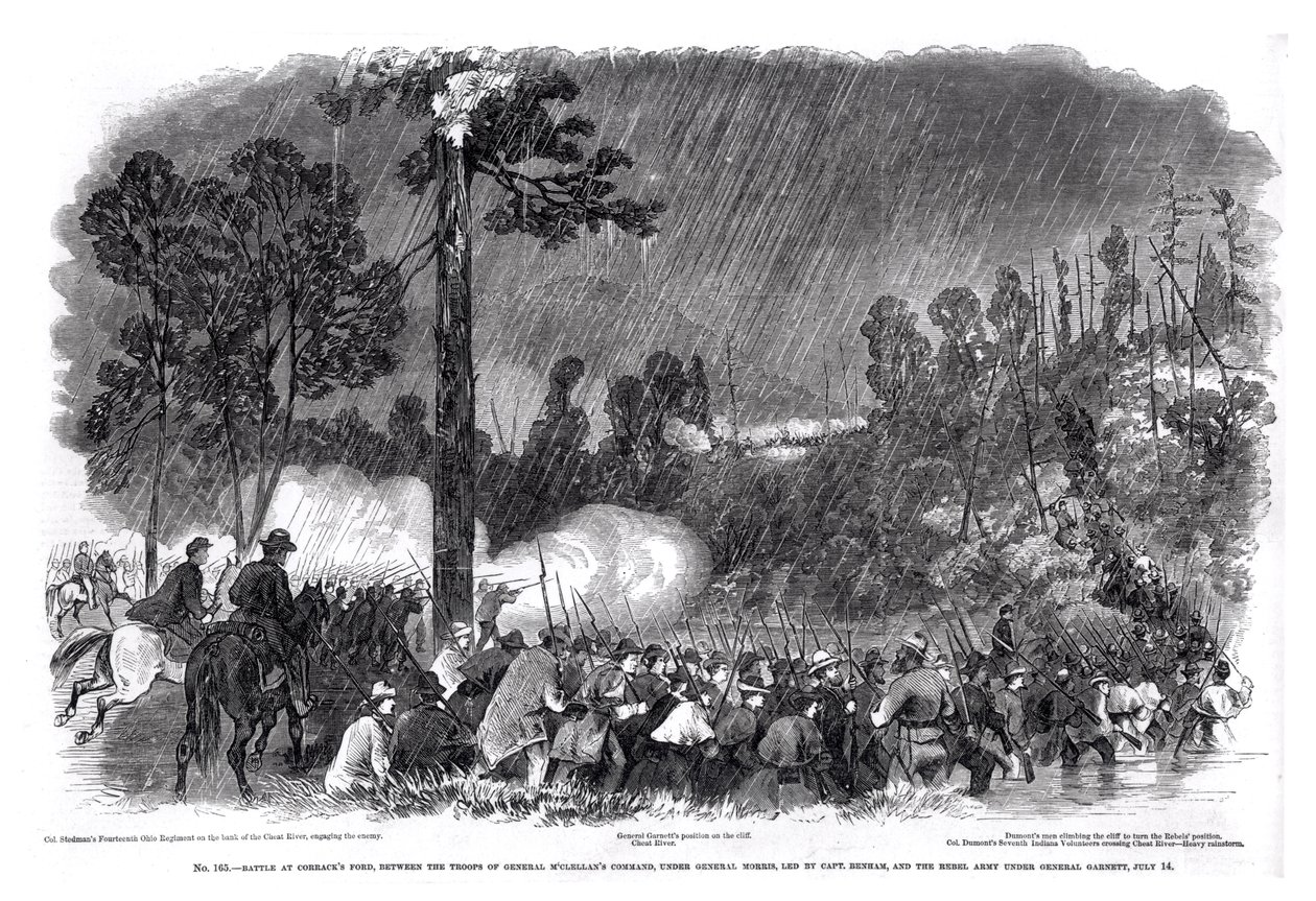Kamp ved Corracks Ford, mellom troppene til general McClellans kommando, under general Morris, ledet av kaptein Benham, og opprørshæren under general Garnett, 14. juli 1861, fra 