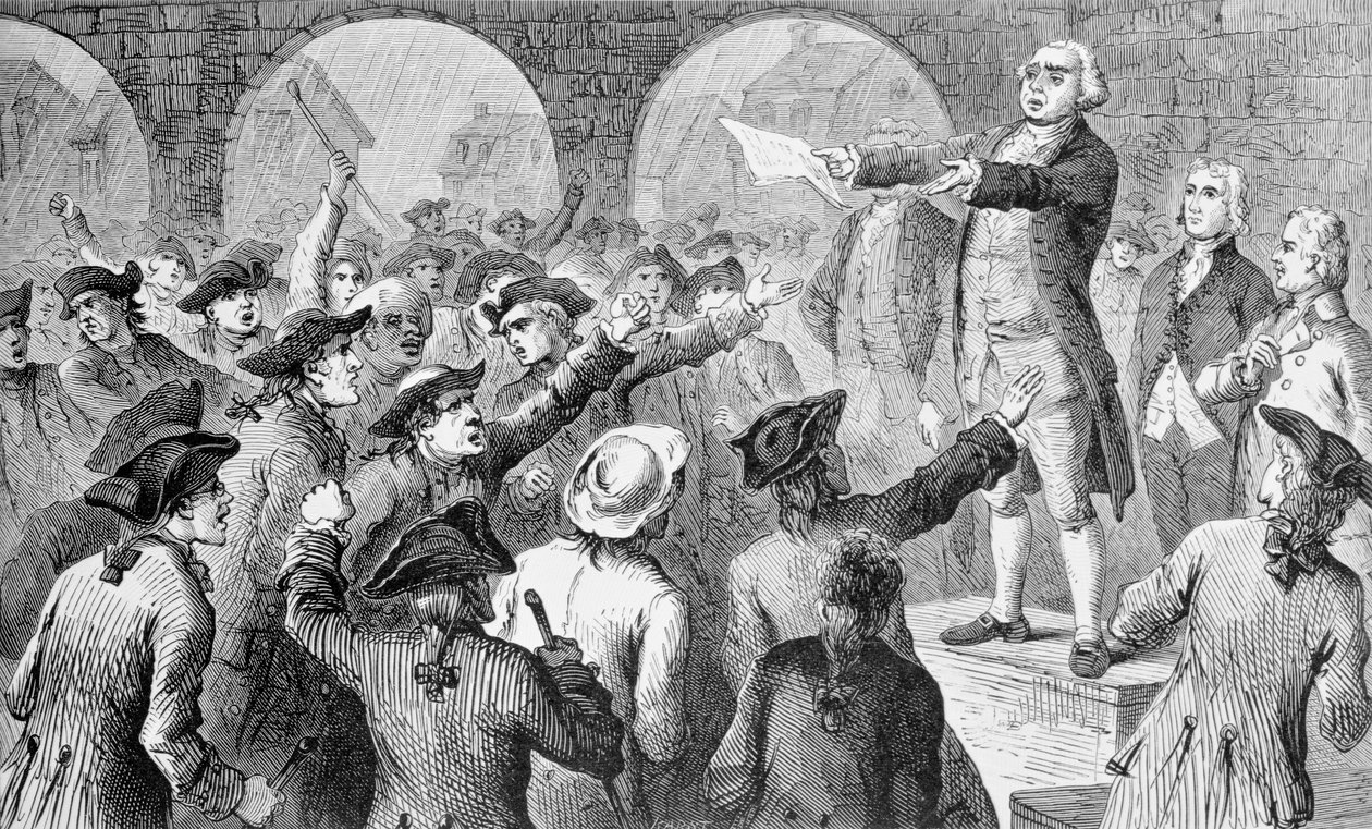 John Lamb taler på Sons of Liberty-møtet i New York City Hall angående landing av britisk te i New York, 17. desember 1773, gravert av John Karst (1836-1922) (bundw-foto) av American School