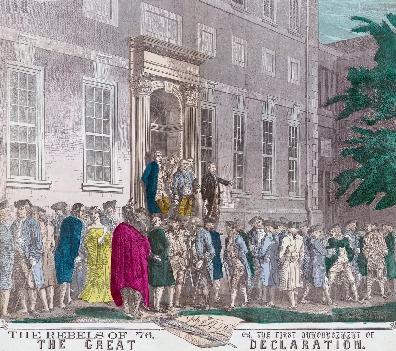 Den 4. juli 1776 forlater medlemmer av den andre kontinentale kongressen Philadelphias uavhengighetshall etter å ha vedtatt uavhengighetserklæringen fra Storbritannia, fra et trykk fra 1800-tallet (colou av American School