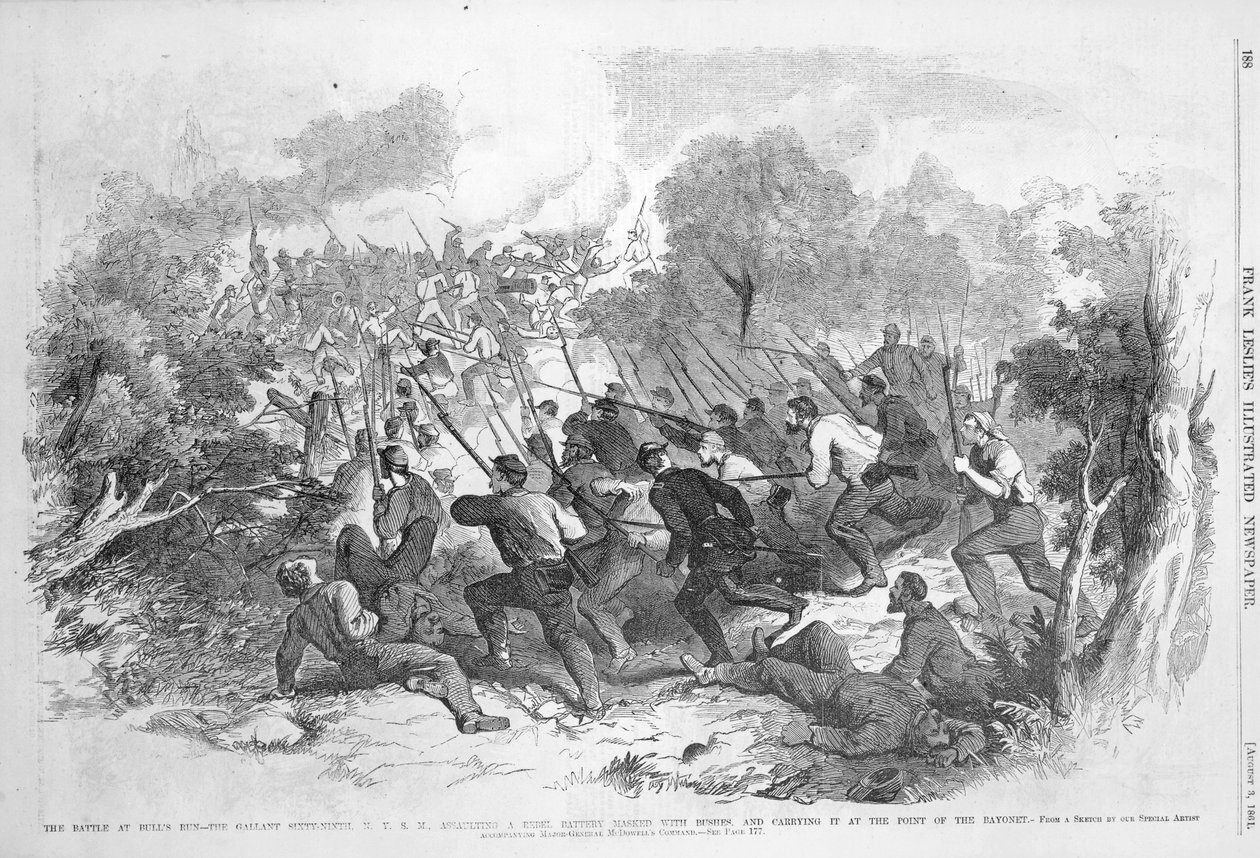 The Battle at Bull Run: The Gallant Sixty-Ninth N.Y.S.M. Å angripe et opprørsbatteri maskert med busker og bære det på punktet av bajonetten, fra 