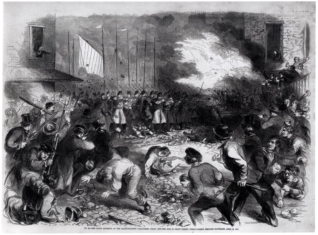 Det sjette regimentet av Massachusetts-frivillige skyter inn i mobben på Pratt Street, mens de passerte Baltimore på vei til Washington, 19. april 1861, fra 
