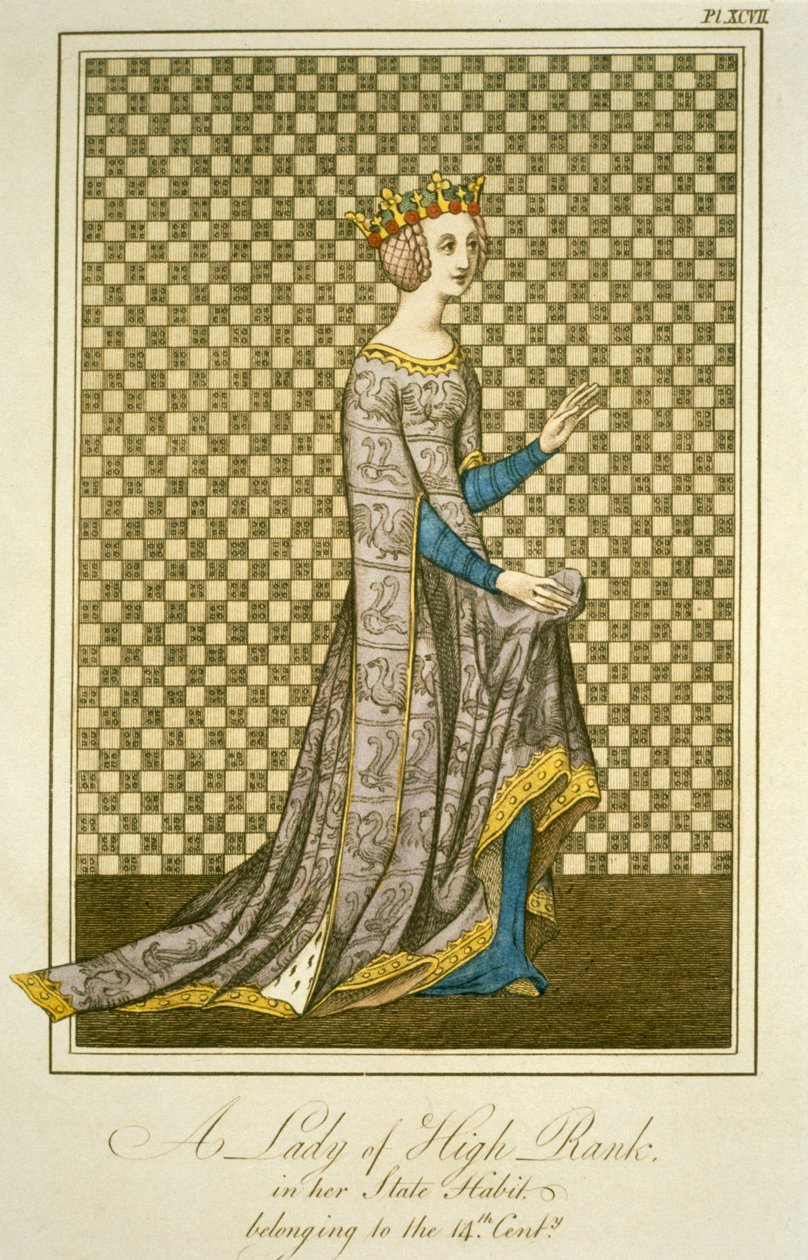 En 1300-tallsdame av rang i hennes statskapper, fra The Complete View of the Dress and Habits of the People of England, bind 2, av Joseph Strutt, 1799 (fargegravering) av English School